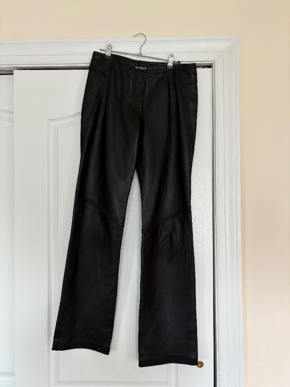 Vintage XOXO Black Genuine Leather Pants Size 5 Y2K Paneled Flare
